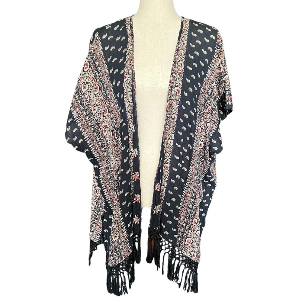 Abercrombie Paisley Floral Swim Cover Up XS / S Kimono Boho Fringe Crochet Beach